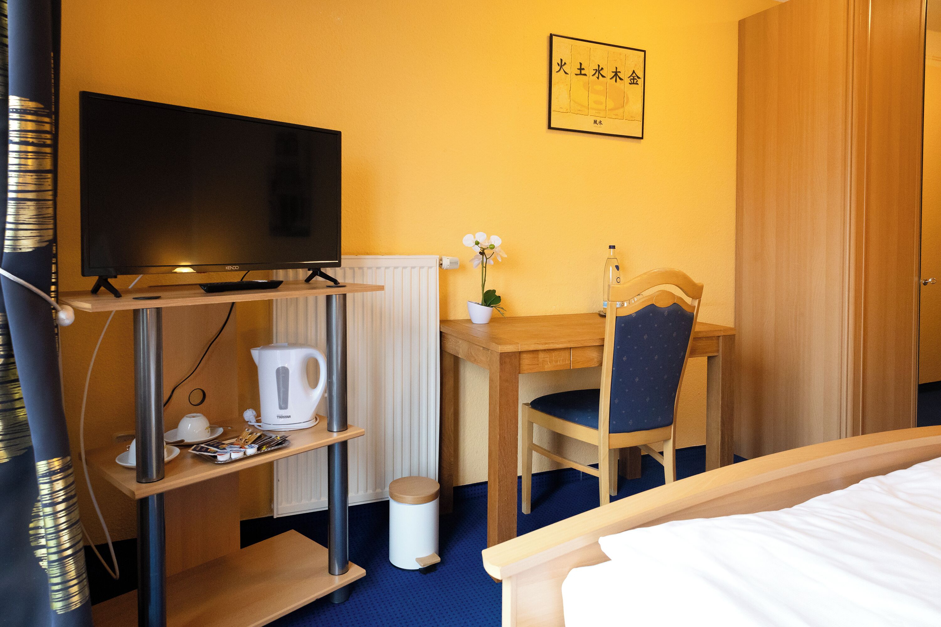 A hotel room with a bed, a desk with a chair, a television, a radiator, a trash bin, and a framed picture on the wall.