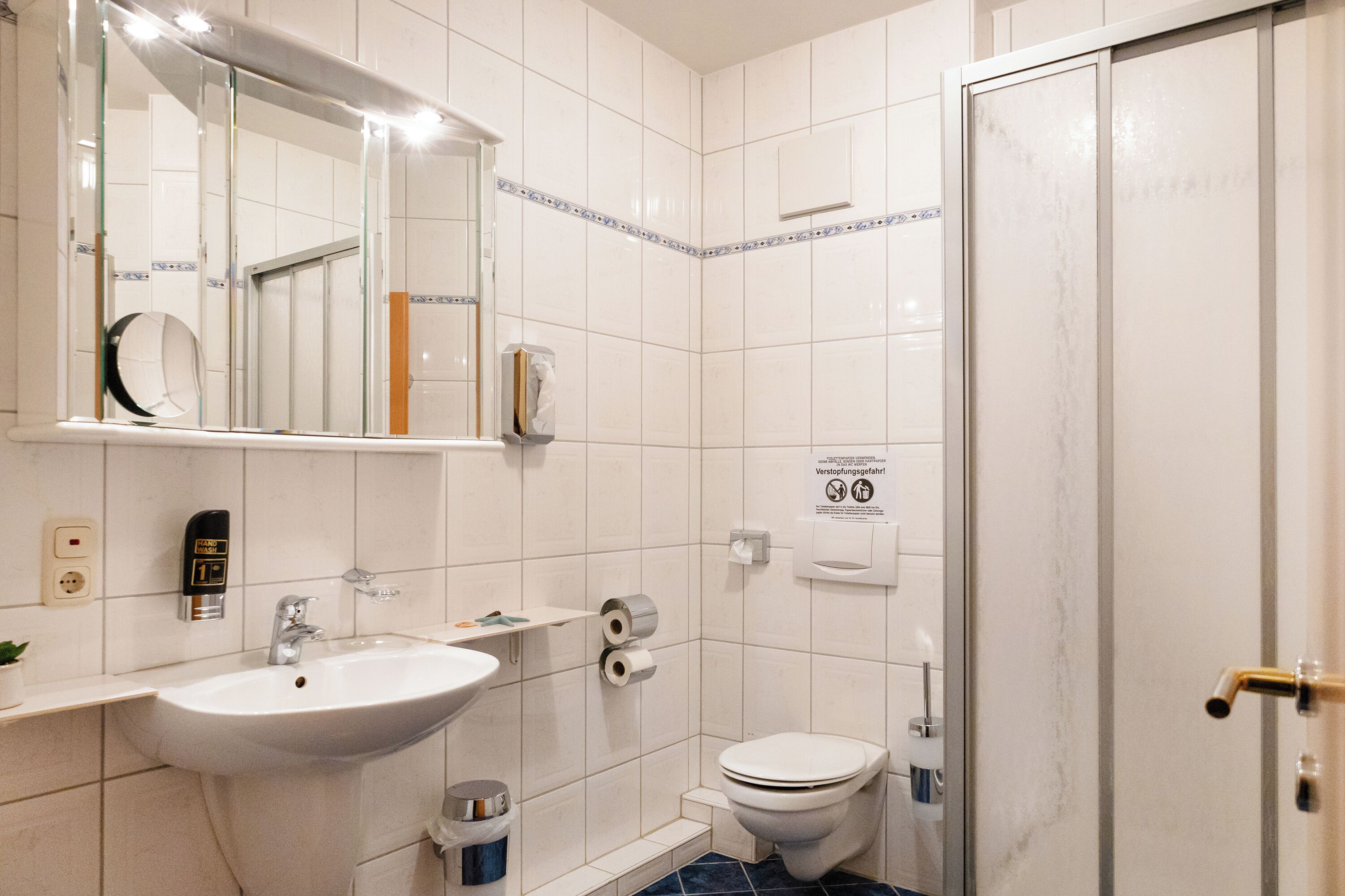 A bathroom with a sink, mirror, toilet, and shower.
