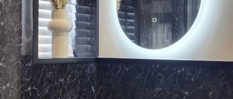 Hair dryer, towels, soap, toilet paper