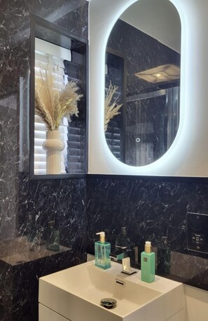 Hair dryer, towels, soap, toilet paper