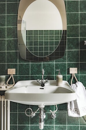 Secadora de cabello, toallas, jabón, papel de baño 
