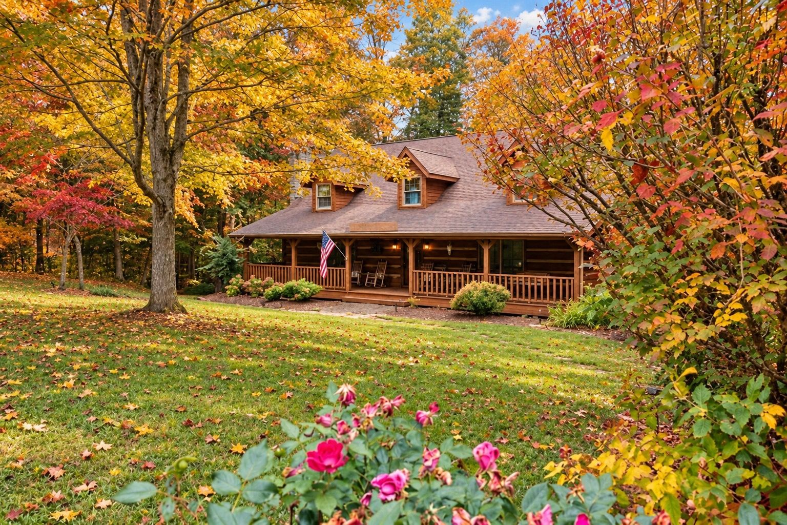 A log cabin with a porch, surrounded by autumn foliage.