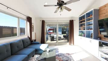 TV, fireplace, DVD player, books