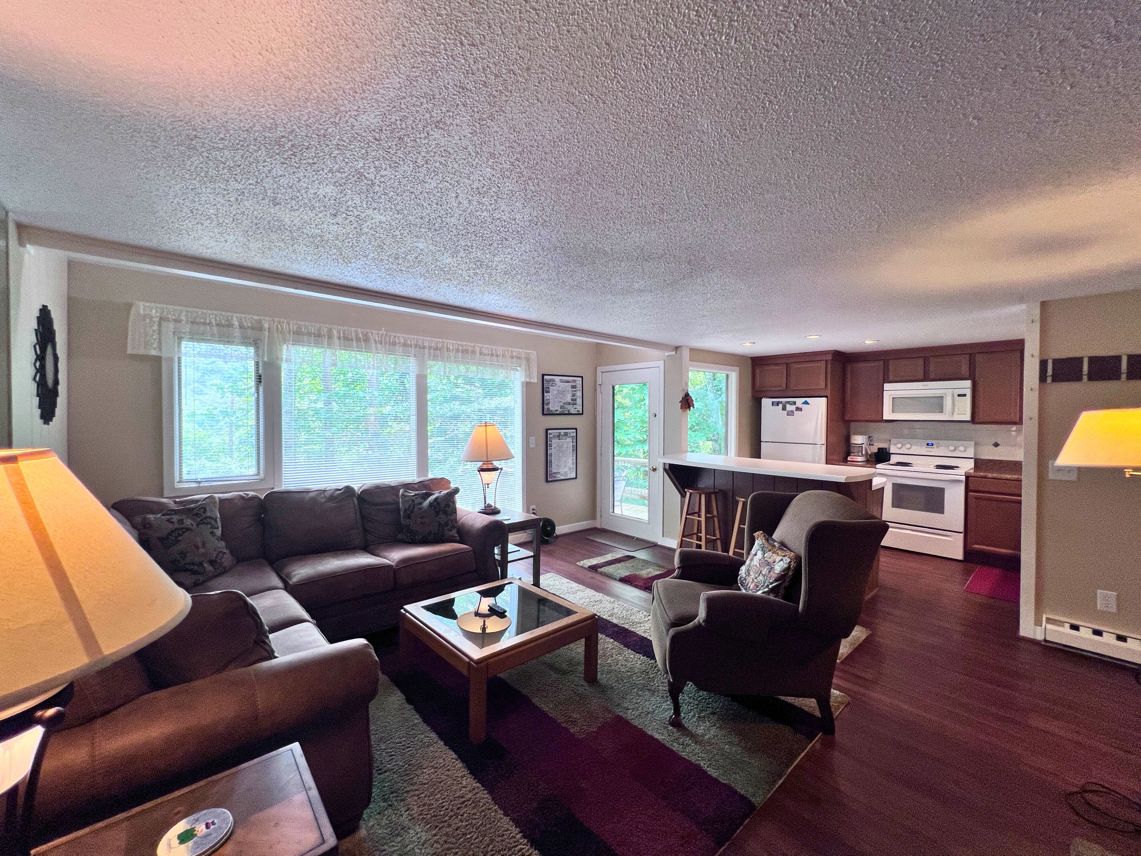 A living room with a sofa, coffee table, and a kitchen area with a refrigerator, microwave, and stove.