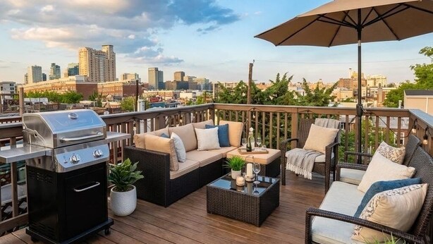 A rooftop patio with a grill, seating area, and a city view.