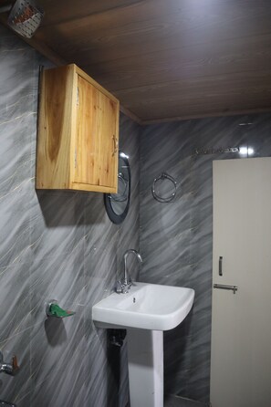 Shower, towels, soap, toilet paper