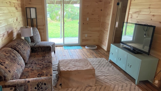 A cozy cabin with a wooden interior, a sofa, a small table, a television, and a sliding glass door leading to a grassy area.