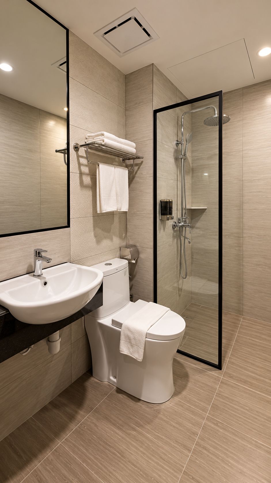 A modern bathroom with a glass-enclosed shower, a white toilet, and a sink with a towel rack above.