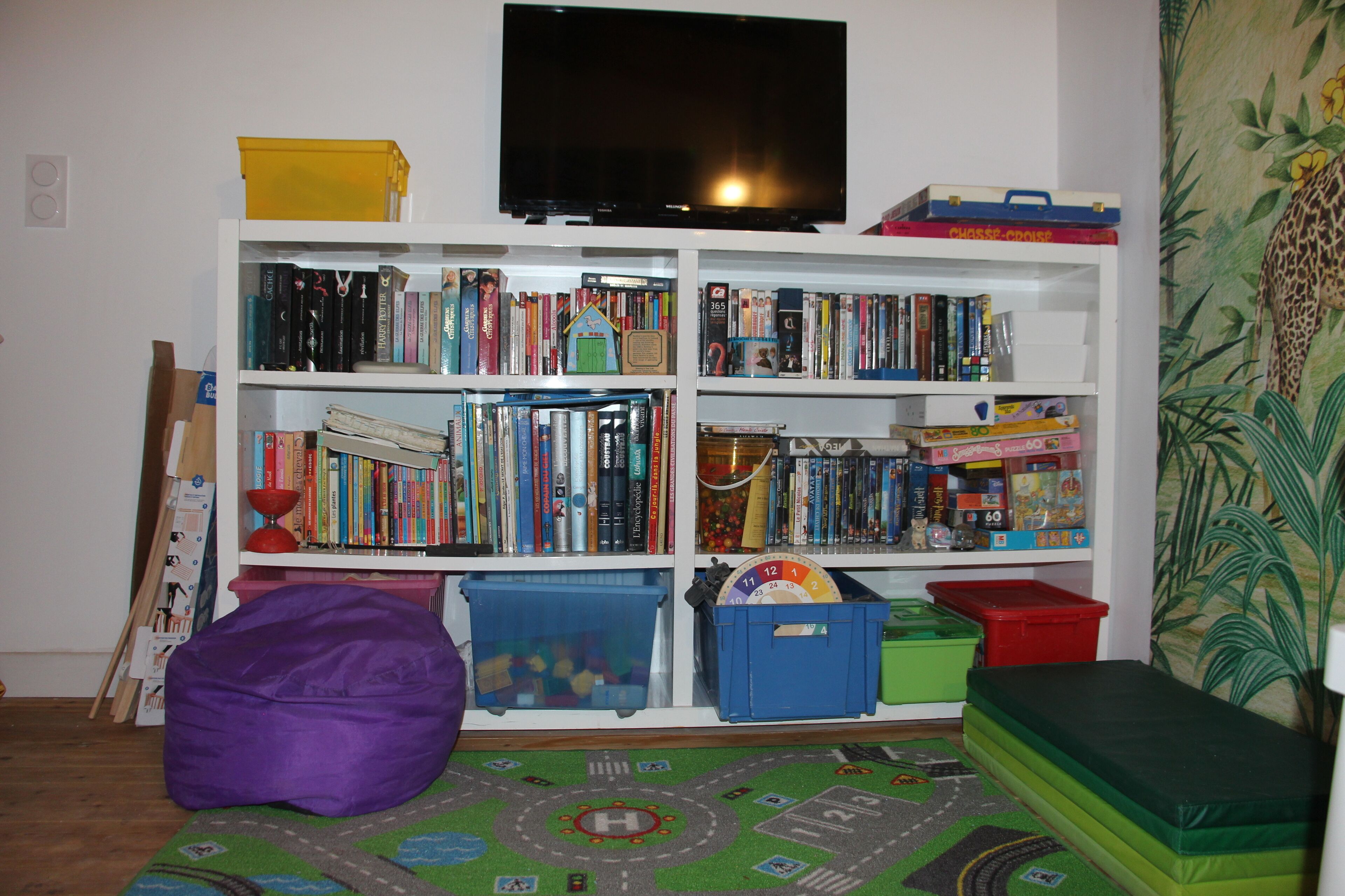 Une pièce avec une bibliothèque remplie de livres et de jouets, un téléviseur accroché au mur et un tapis de jeu sur le sol.