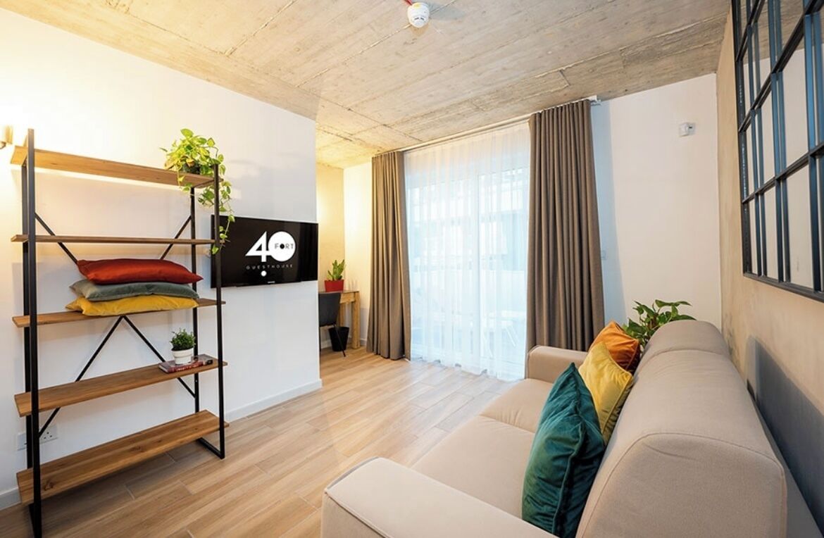 A modern living room with a sofa, a wooden shelf with cushions, a TV, and a plant.