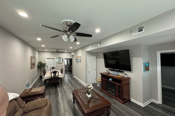 Smart TV, fireplace, books