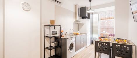 Fridge, microwave, coffee/tea maker, toaster