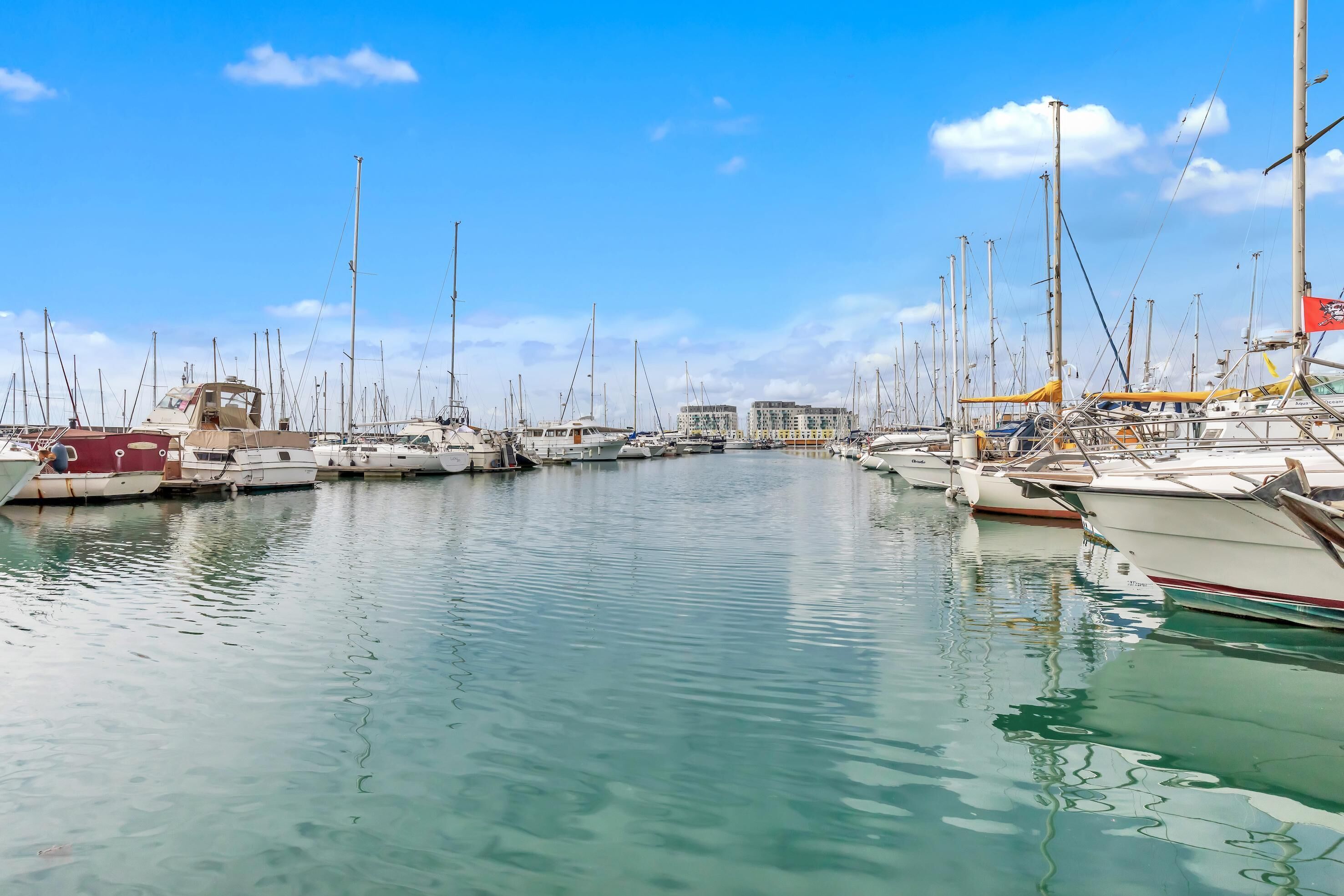 A marina with multiple boats docked in calm waters, a clear sky, and buildings in the background.