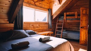 A cozy cabin room with a loft bed, a ladder, and a bunk bed. - Auberge Boréale de Charlevoix (Petit-Saguenay)