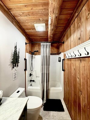 Shower, eco-friendly toiletries, hair dryer, towels