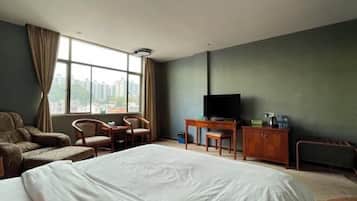 A hotel room with a large bed, a desk with a television, two chairs, and a view of the city through the window.