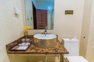 Un baño con un lavabo redondo, un inodoro y un espejo.