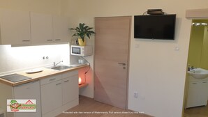 Eine kompakte Küche mit weißen Schränken, einer Mikrowelle, einem Spülbecken und einem an der Wand befestigten Fernseher.