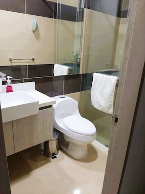 Shower, towels, soap, toilet paper