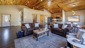 A spacious living area with leather sofas, a coffee table, and a rug.