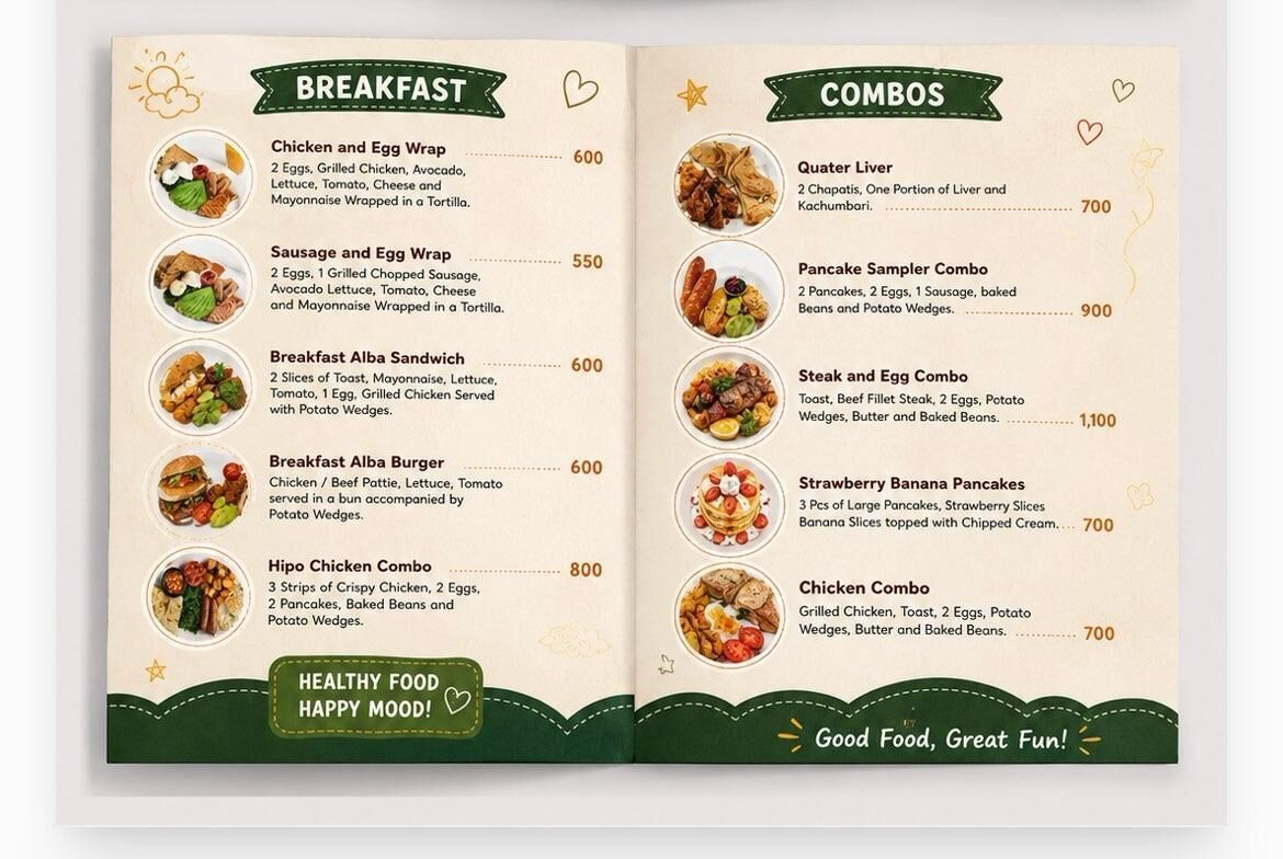 A menu with breakfast and combo options, including prices.