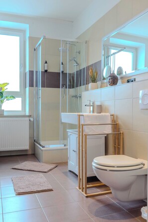 Ducha, secador de pelo, toallas y jabón