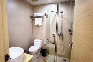Een moderne badkamer met een douchecabine van glas, een toilet en een wastafel.