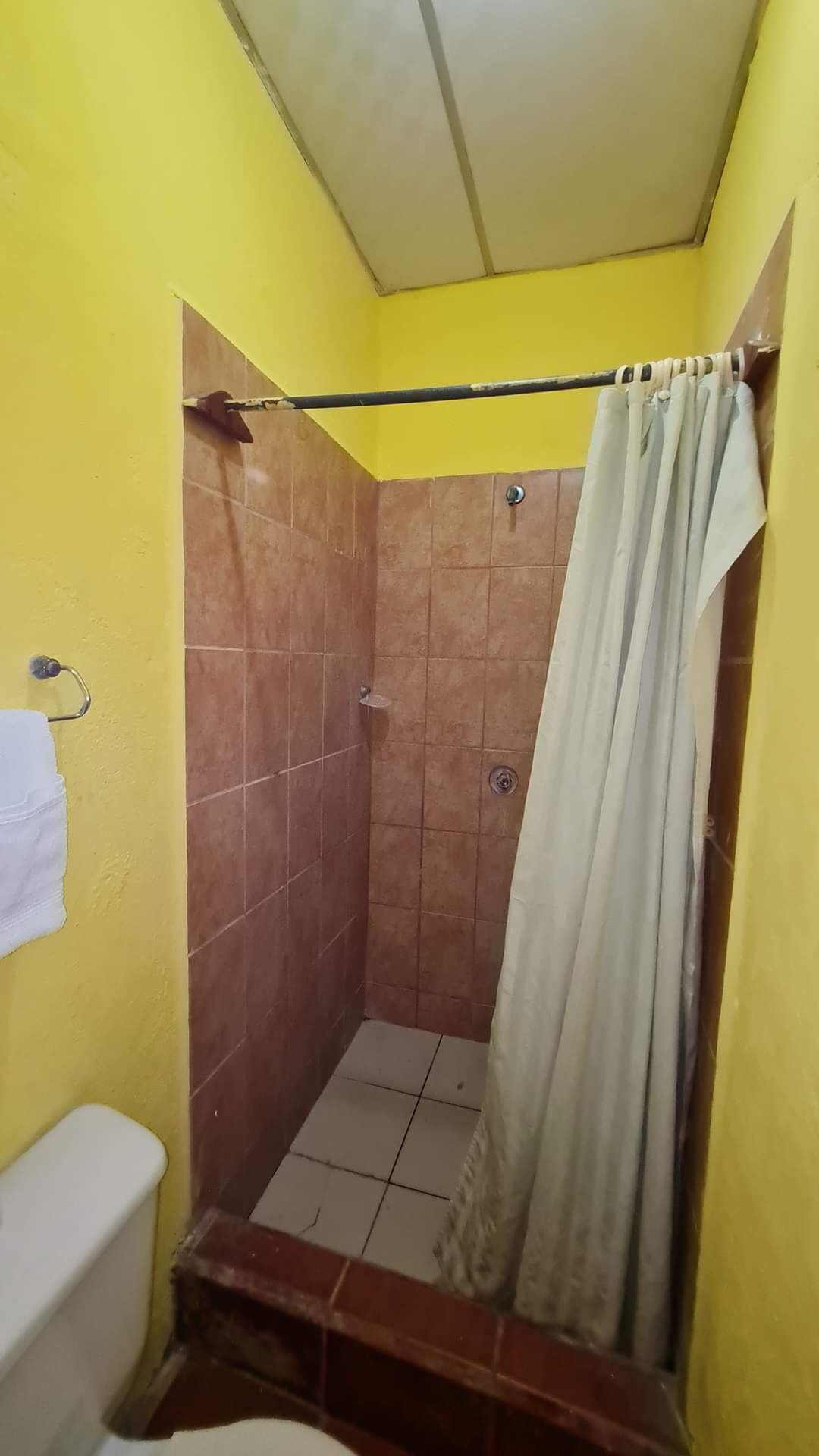 A small, yellow-walled bathroom with a shower area, a toilet, and a towel rack.