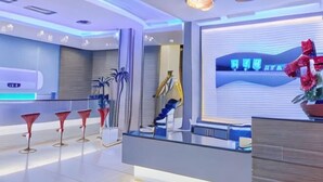 Un área de recepción moderna de hotel, con mostrador de recepción, zona de estar y elementos decorativos.
