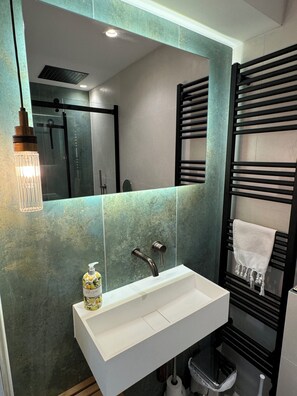 Shower, hair dryer, towels, soap