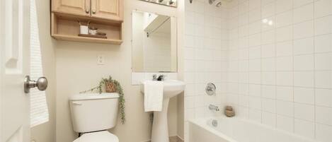 Hair dryer, towels, soap, shampoo