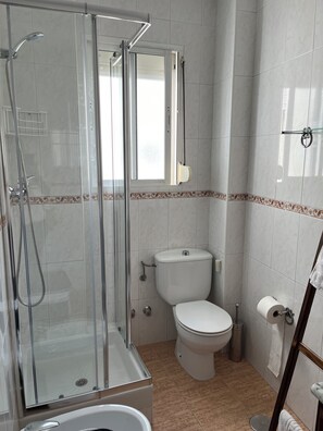 Shower, hair dryer, bidet, towels