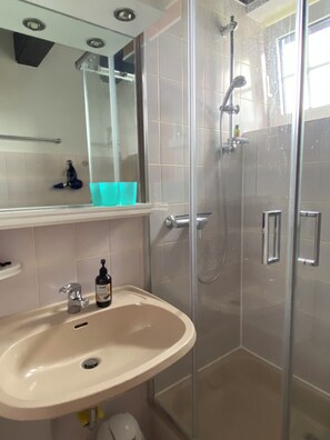 Secadora de cabello, toallas, jabón, papel de baño 