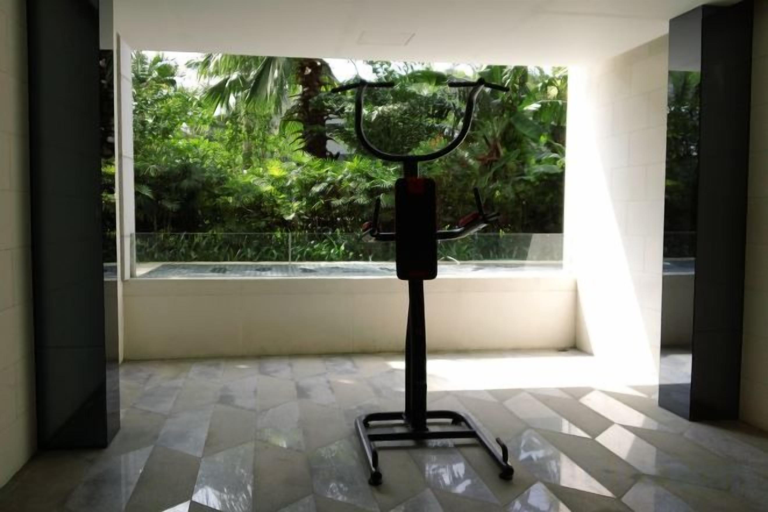 A gym area with a stationary bike and a weight bench, large windows with a view of greenery outside.