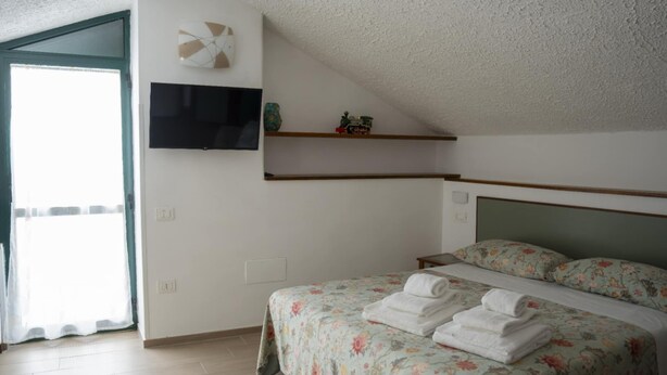 Une chambre à coucher comprenant un lit, un téléviseur, une étagère avec des objets décoratifs et une fenêtre.