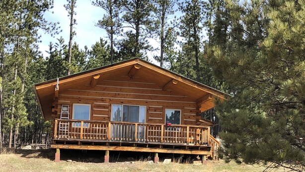 A log cabin with a balcony, surrounded by trees. - Log cabin with WiFi in quiet community above Custer.  (Custer)