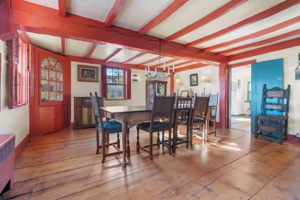 This rustic dining room seats 8, the optimal space for any family meal.
