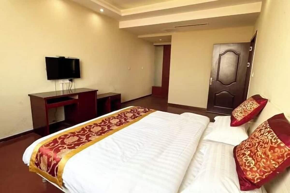 Una habitación de hotel con una cama, un escritorio, un televisor y una puerta.