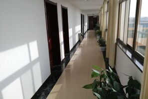 Un pasillo con plantas en macetas, puertas y ventanas.