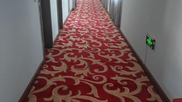 A hallway with a red carpet and a green exit sign.