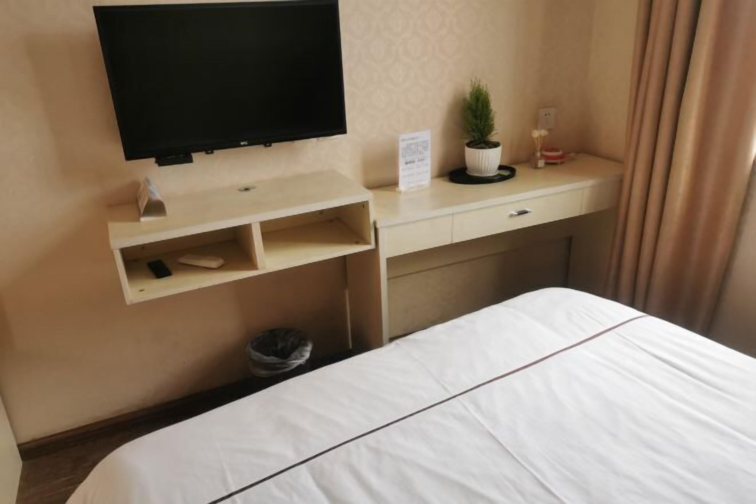 A hotel room with a bed, a TV mounted on the wall, a small desk with a plant, and a trash bin.
