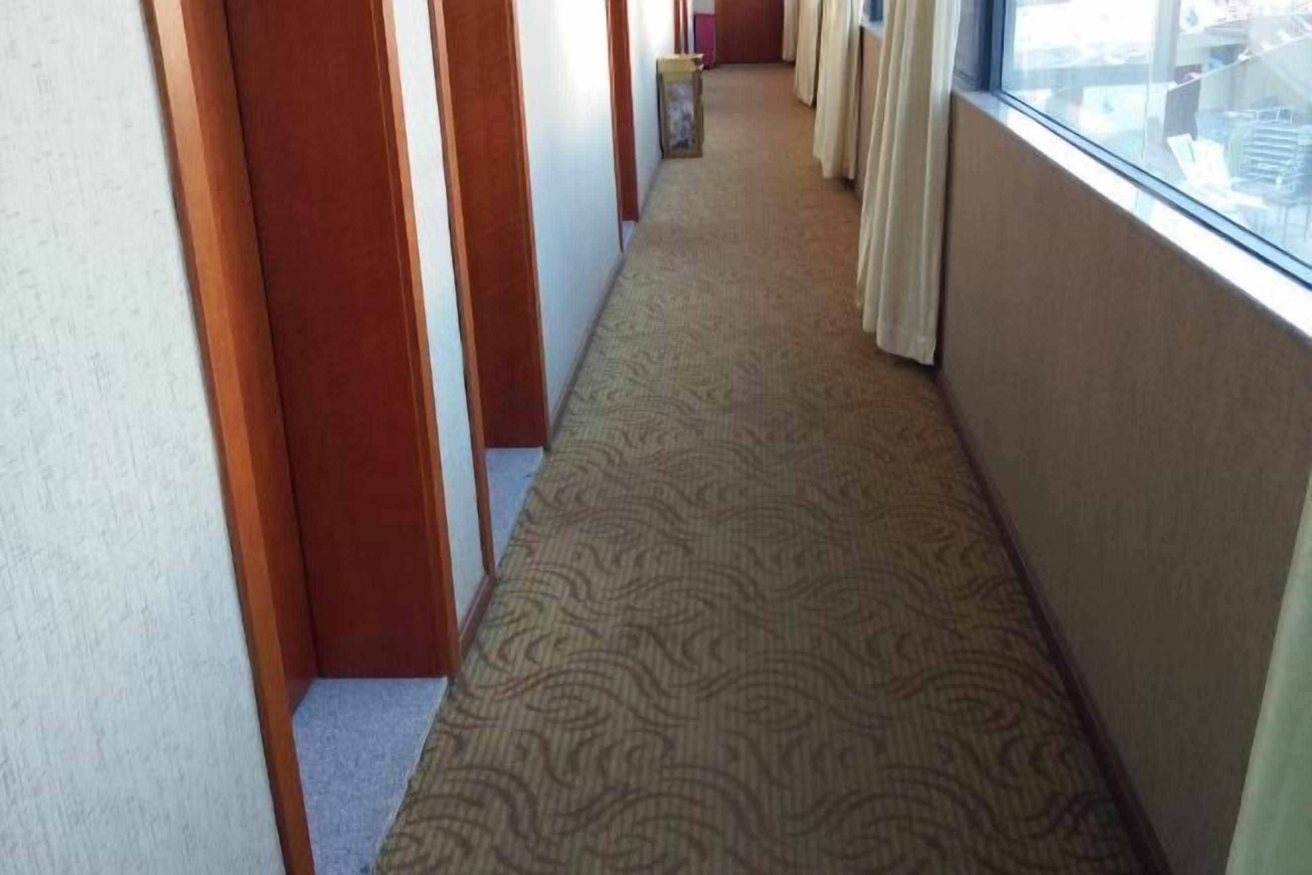 Un pasillo de hotel con alfombra estampada, puertas de madera y una ventana con cortinas.