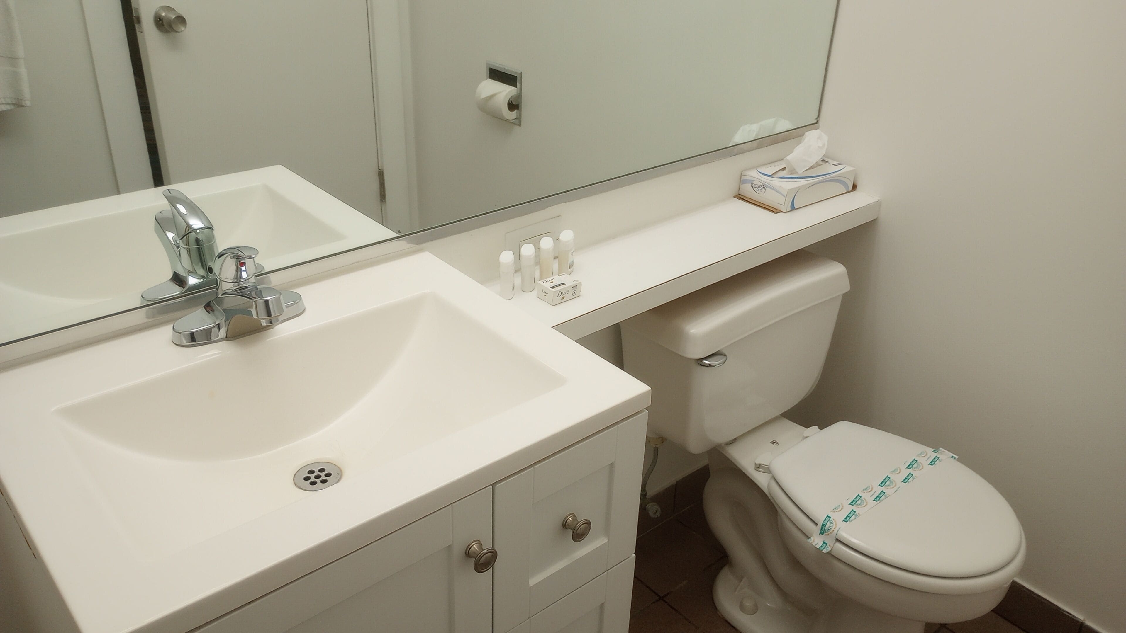 A bathroom with a white sink, mirror, toilet, and a tissue box on the counter.