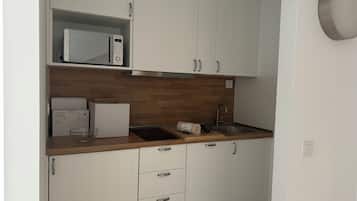 Full-size fridge, microwave, stovetop, dishwasher