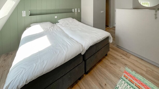 A bedroom with a bed, a wardrobe, and a mirror. - Pet friendly home in Ballum with sauna (Ballum)