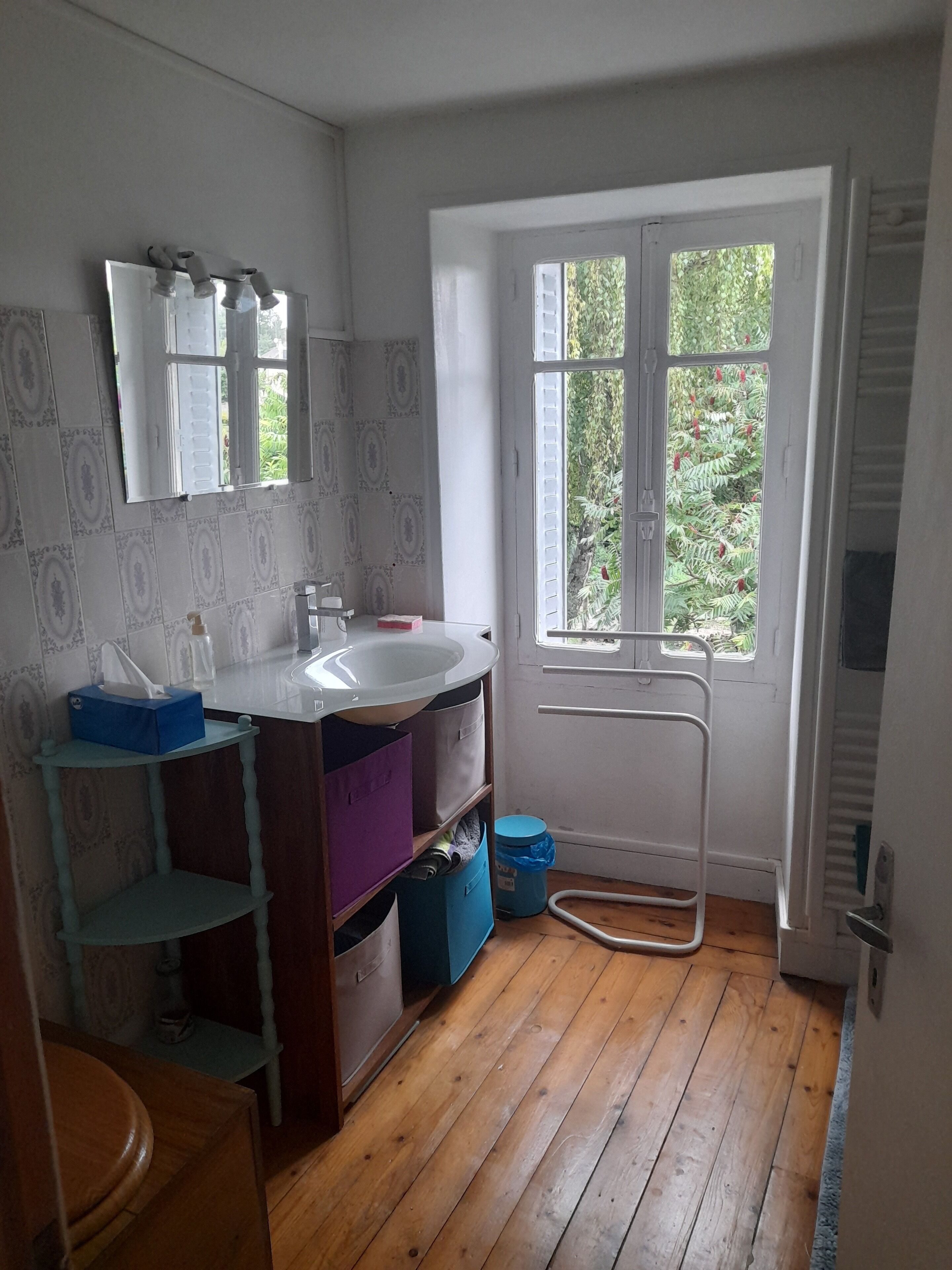 A bathroom with a wooden floor, a white sink, a mirror, and a window with a view of greenery.