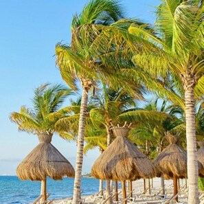 Playa en los alrededores, camastros y toallas de playa 