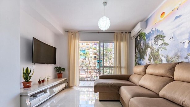 A modern living room with a sofa, TV, and potted plants. - Casa de Sol (Fuengirola) (Fuengirola)