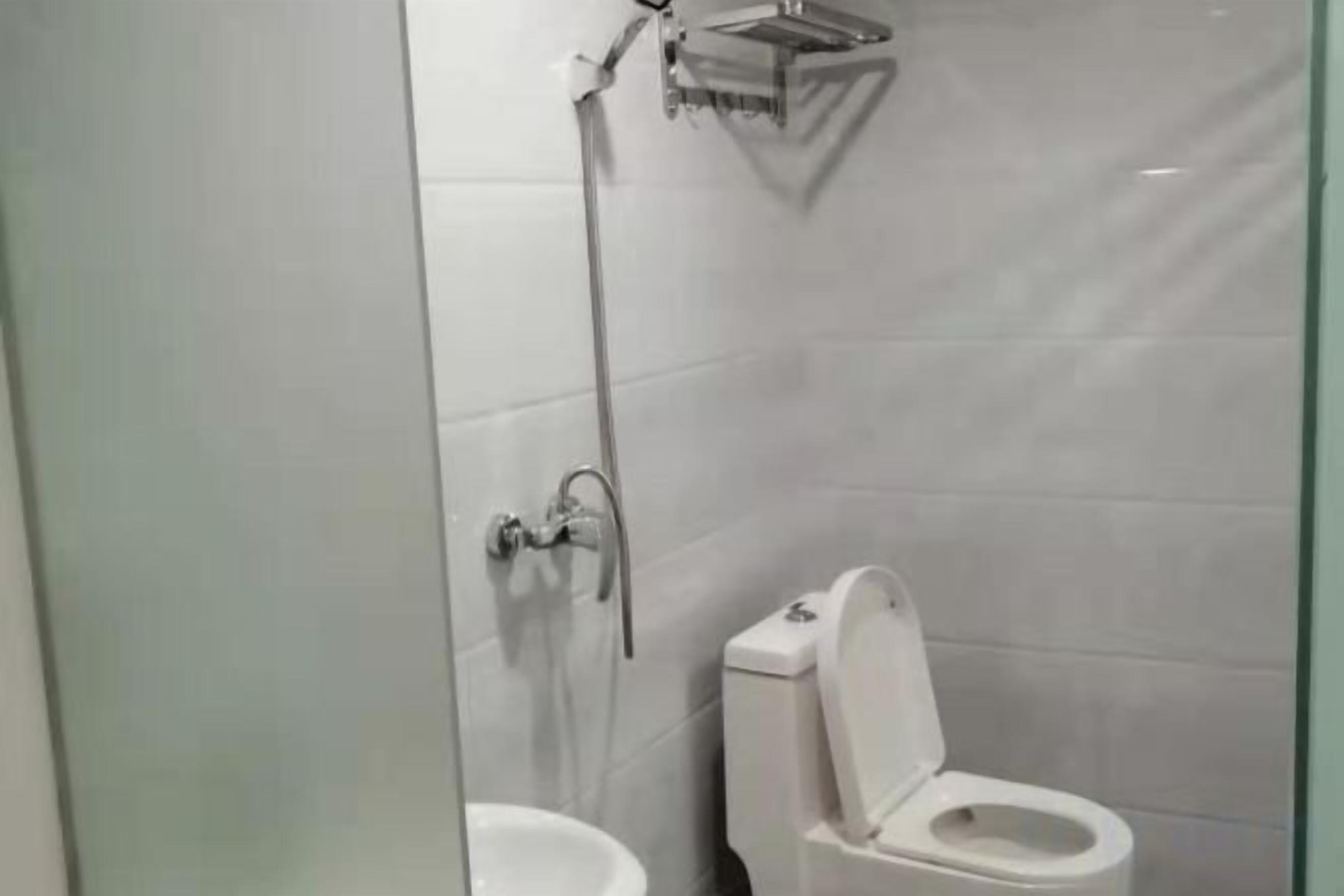 A bathroom with a toilet, bidet, and shower.