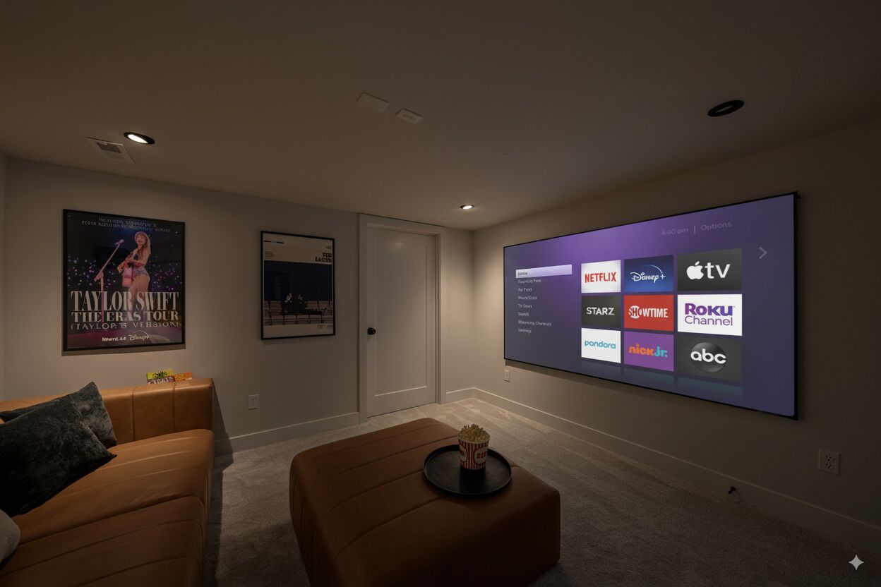 A home theater room with a large screen displaying streaming services, a poster on the wall, and a cozy seating area with a popcorn bowl.